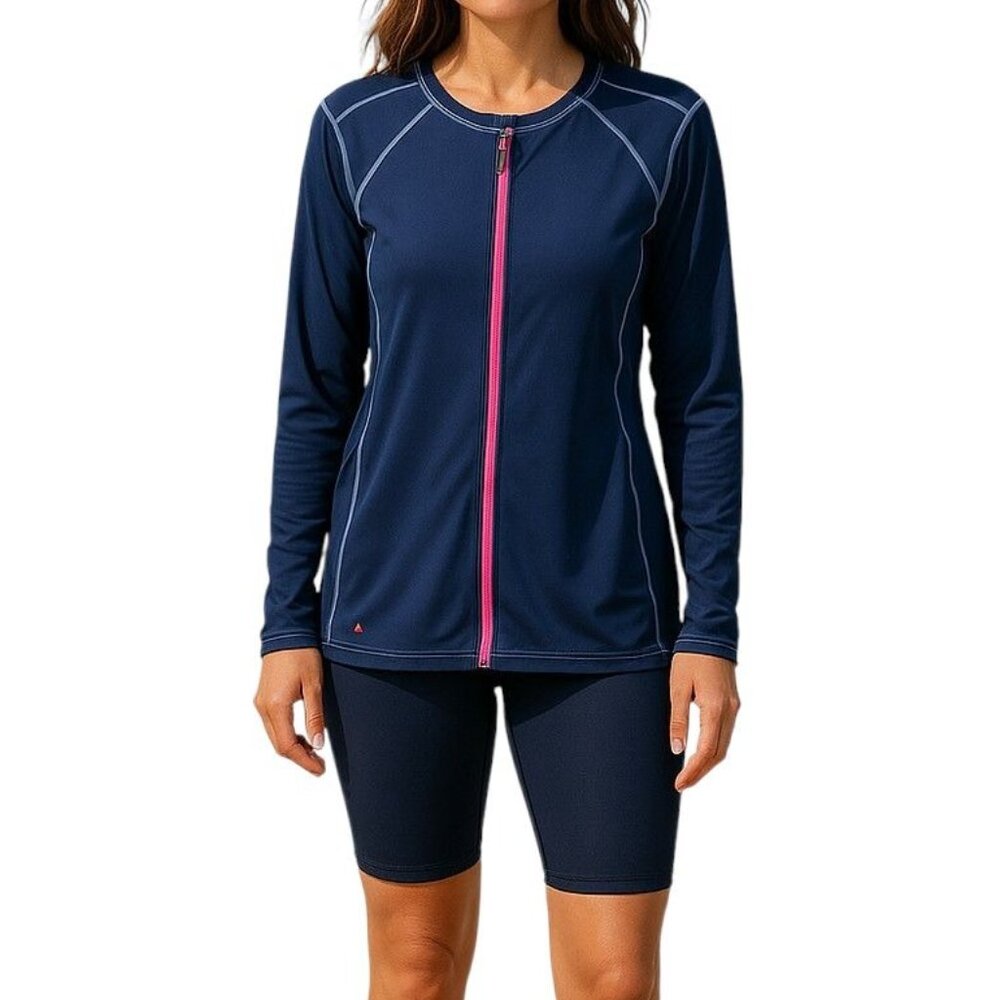 Title Nine Navy Swim Jacket rash guard with Pink Zip